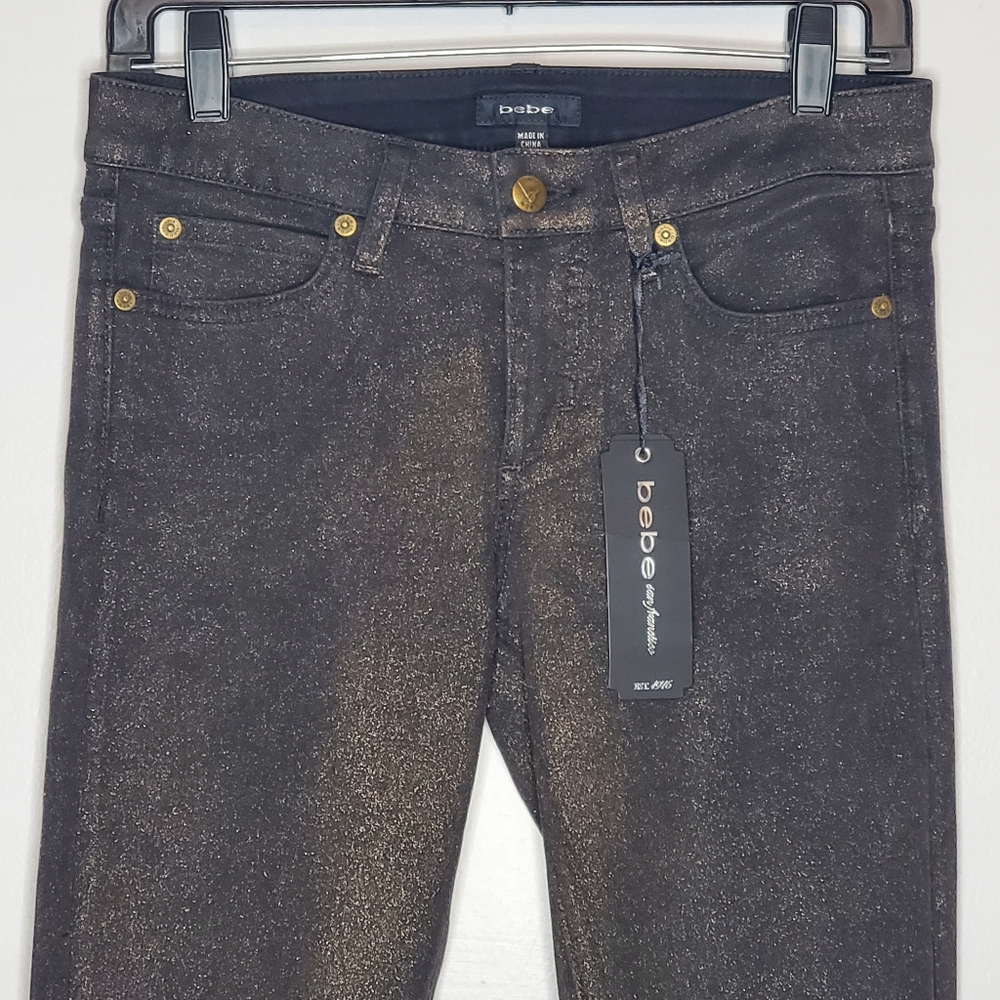 NWT BeBe black w gold glitter skinny jean midtown size 28 y2k